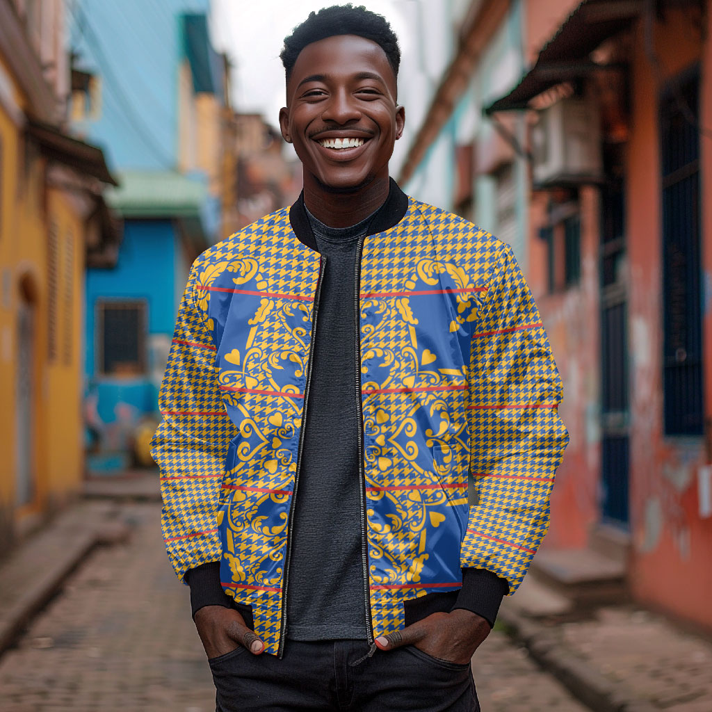 Cobalt Blue Hearts Crown Traditional Geometry Bomber Jacket Seanamarena Basotho Blanket Inspired