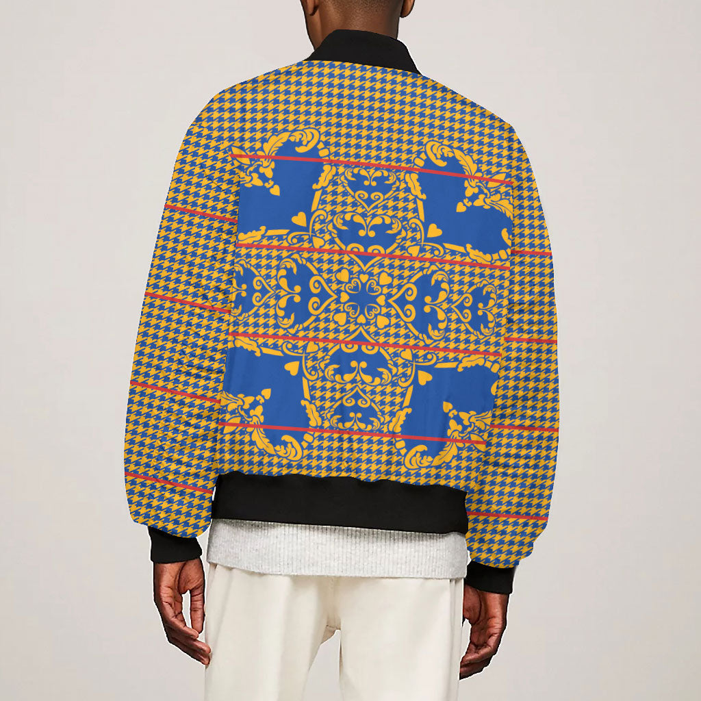 Cobalt Blue Hearts Crown Traditional Geometry Bomber Jacket Seanamarena Basotho Blanket Inspired