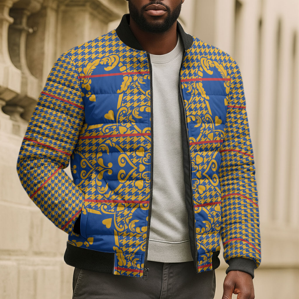 Cobalt Blue Hearts Crown Traditional Geometry Bomber Puffer Jacket Seanamarena Basotho Blanket Inspired