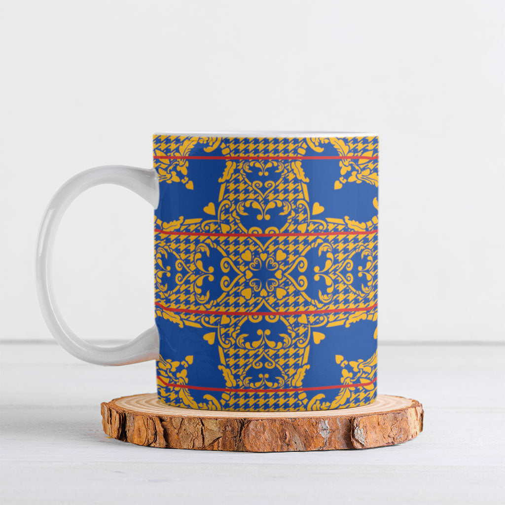 Cobalt Blue Hearts Crown Traditional Geometry Ceramic Mug Seanamarena Basotho Blanket Inspired