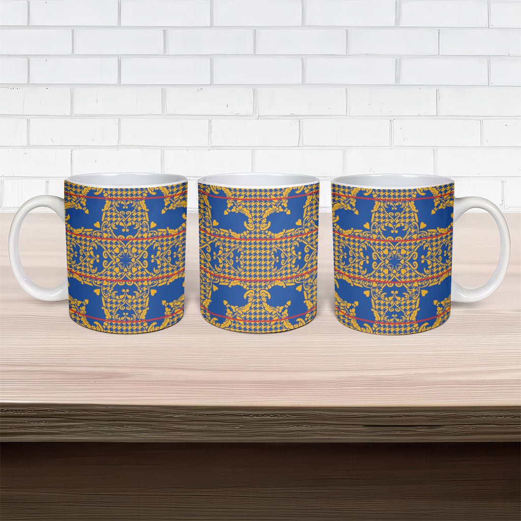 Cobalt Blue Hearts Crown Traditional Geometry Ceramic Mug Seanamarena Basotho Blanket Inspired