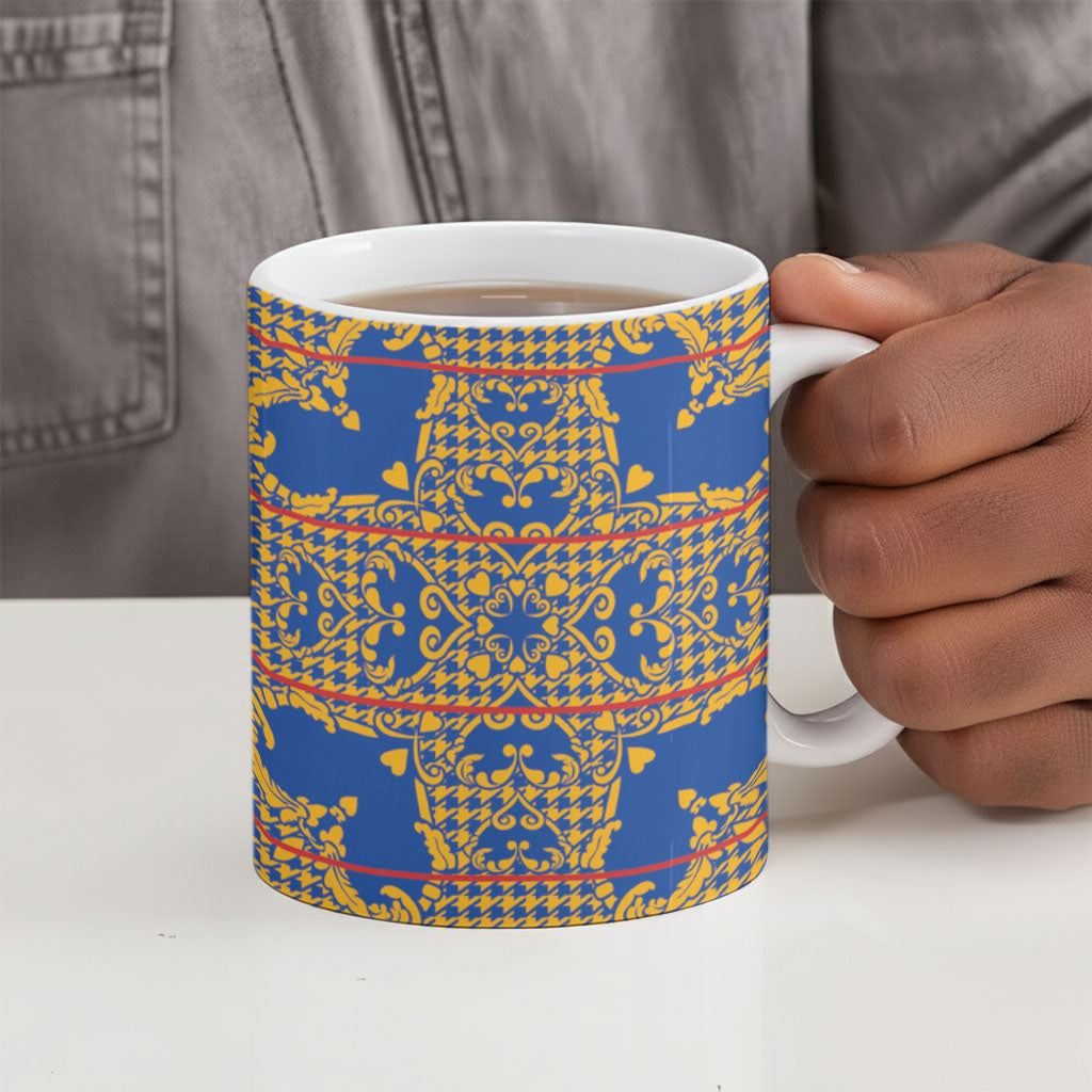 Cobalt Blue Hearts Crown Traditional Geometry Ceramic Mug Seanamarena Basotho Blanket Inspired