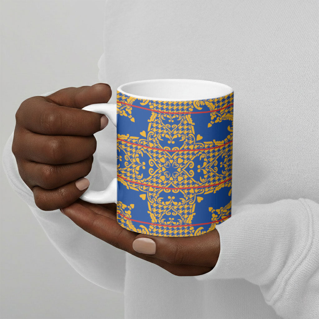 Cobalt Blue Hearts Crown Traditional Geometry Ceramic Mug Seanamarena Basotho Blanket Inspired