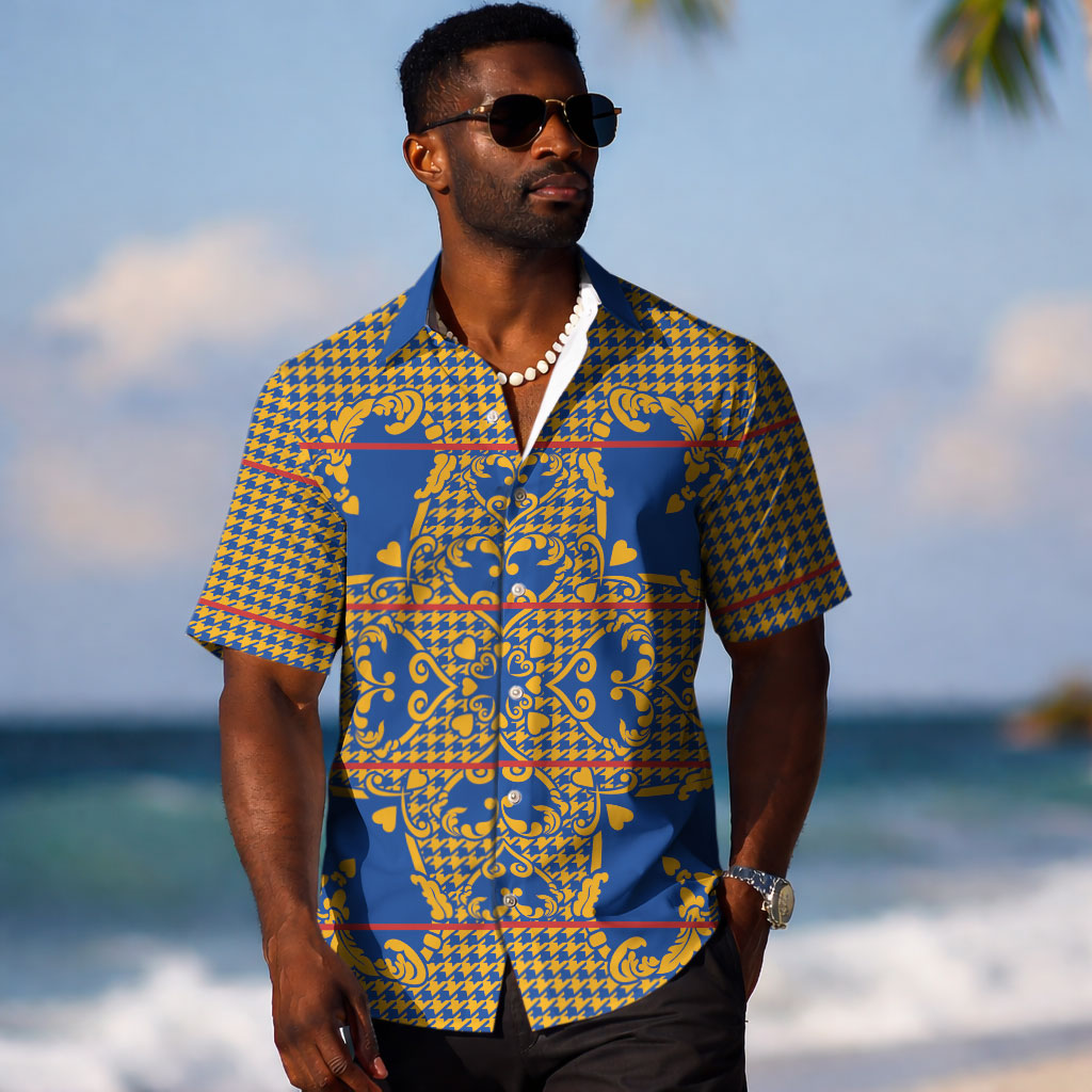 Cobalt Blue Hearts Crown Traditional Geometry Hawaiian Shirt Seanamarena Basotho Blanket Inspired