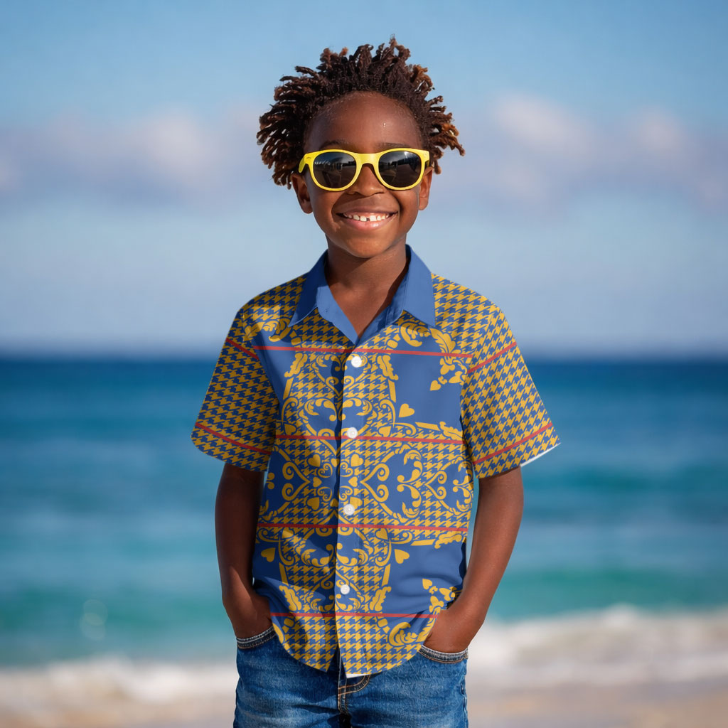 Cobalt Blue Hearts Crown Traditional Geometry Kid Hawaiian Shirt Seanamarena Basotho Blanket Inspired