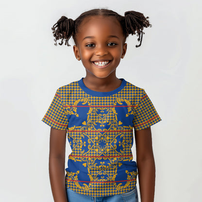 Cobalt Blue Hearts Crown Traditional Geometry Kid T shirt Seanamarena Basotho Blanket Inspired