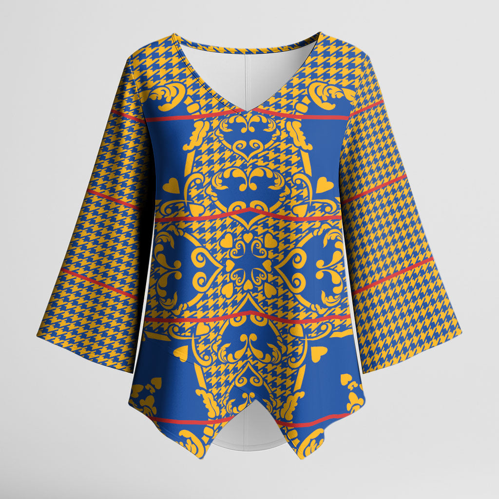 Cobalt Blue Hearts Crown Traditional Geometry Kimono Sleeve Blouse Seanamarena Basotho Blanket Inspired