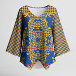 Cobalt Blue Hearts Crown Traditional Geometry Kimono Sleeve Blouse Seanamarena Basotho Blanket Inspired