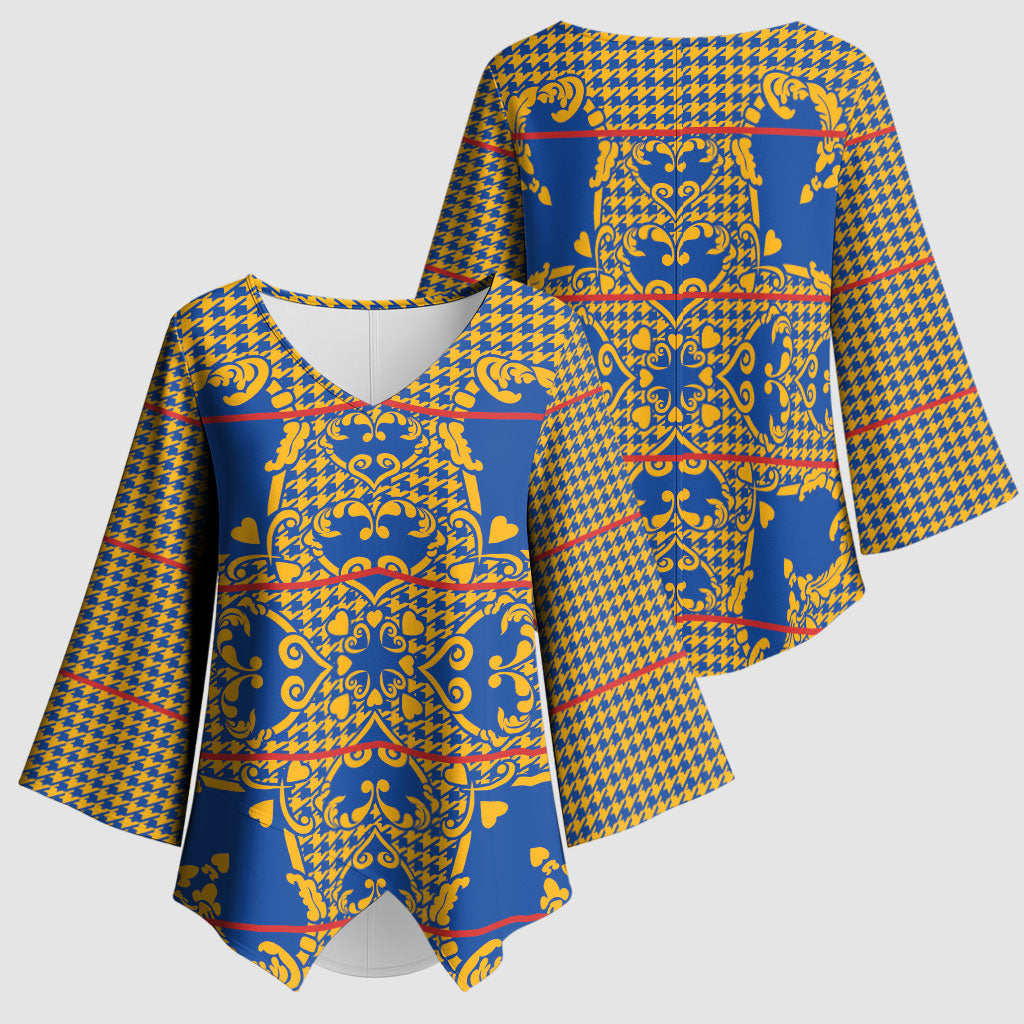 Cobalt Blue Hearts Crown Traditional Geometry Kimono Sleeve Blouse Seanamarena Basotho Blanket Inspired
