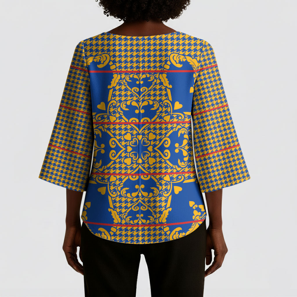 Cobalt Blue Hearts Crown Traditional Geometry Kimono Sleeve Blouse Seanamarena Basotho Blanket Inspired