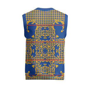 Cobalt Blue Hearts Crown Traditional Geometry Christmas Knitted V-Neck Vest Seanamarena Basotho Blanket Inspired