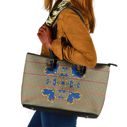 Cobalt Blue Hearts Crown Traditional Geometry Leather Tote Bag Seanamarena Basotho Blanket Inspired