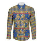 Cobalt Blue Hearts Crown Traditional Geometry Long Sleeve Button Shirt Seanamarena Basotho Blanket Inspired