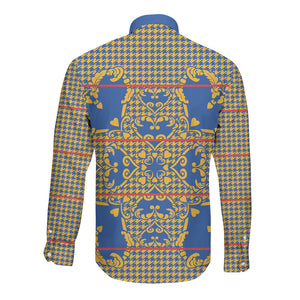 Cobalt Blue Hearts Crown Traditional Geometry Long Sleeve Button Shirt Seanamarena Basotho Blanket Inspired