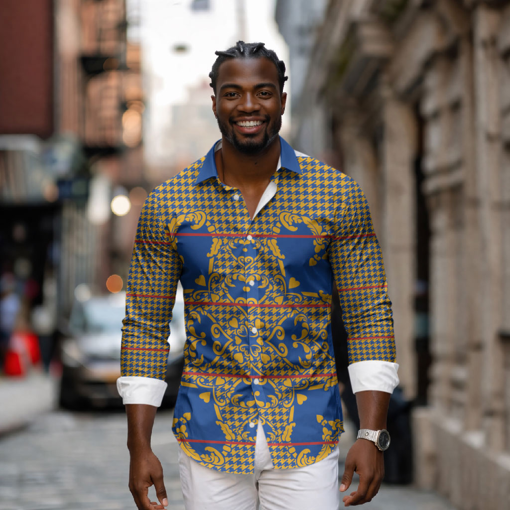 Cobalt Blue Hearts Crown Traditional Geometry Long Sleeve Button Shirt Seanamarena Basotho Blanket Inspired