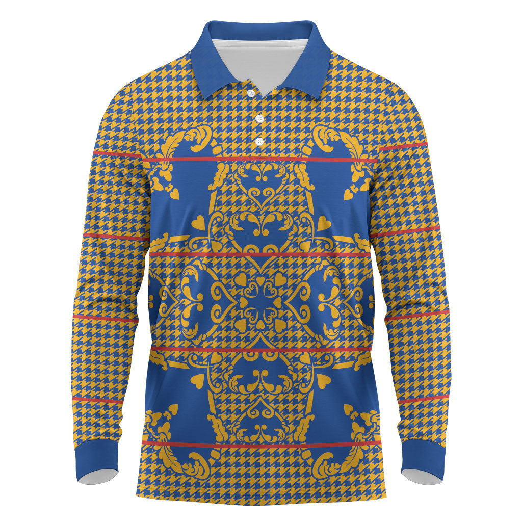 Cobalt Blue Hearts Crown Traditional Geometry Long Sleeve Polo Shirt Seanamarena Basotho Blanket Inspired