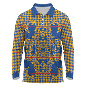 Cobalt Blue Hearts Crown Traditional Geometry Long Sleeve Polo Shirt Seanamarena Basotho Blanket Inspired