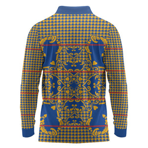 Cobalt Blue Hearts Crown Traditional Geometry Long Sleeve Polo Shirt Seanamarena Basotho Blanket Inspired
