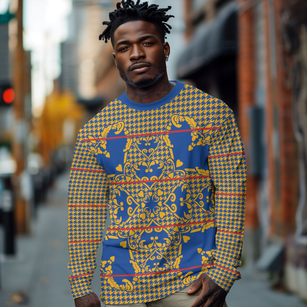Cobalt Blue Hearts Crown Traditional Geometry Long Sleeve Shirt Seanamarena Basotho Blanket Inspired