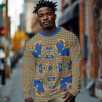 Cobalt Blue Hearts Crown Traditional Geometry Long Sleeve Shirt Seanamarena Basotho Blanket Inspired