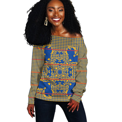 Cobalt Blue Hearts Crown Traditional Geometry Off Shoulder Sweater Seanamarena Basotho Blanket Inspired