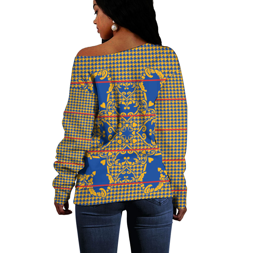 Cobalt Blue Hearts Crown Traditional Geometry Off Shoulder Sweater Seanamarena Basotho Blanket Inspired