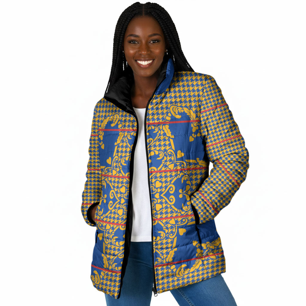 Cobalt Blue Hearts Crown Traditional Geometry Padded Jacket Seanamarena Basotho Blanket Inspired