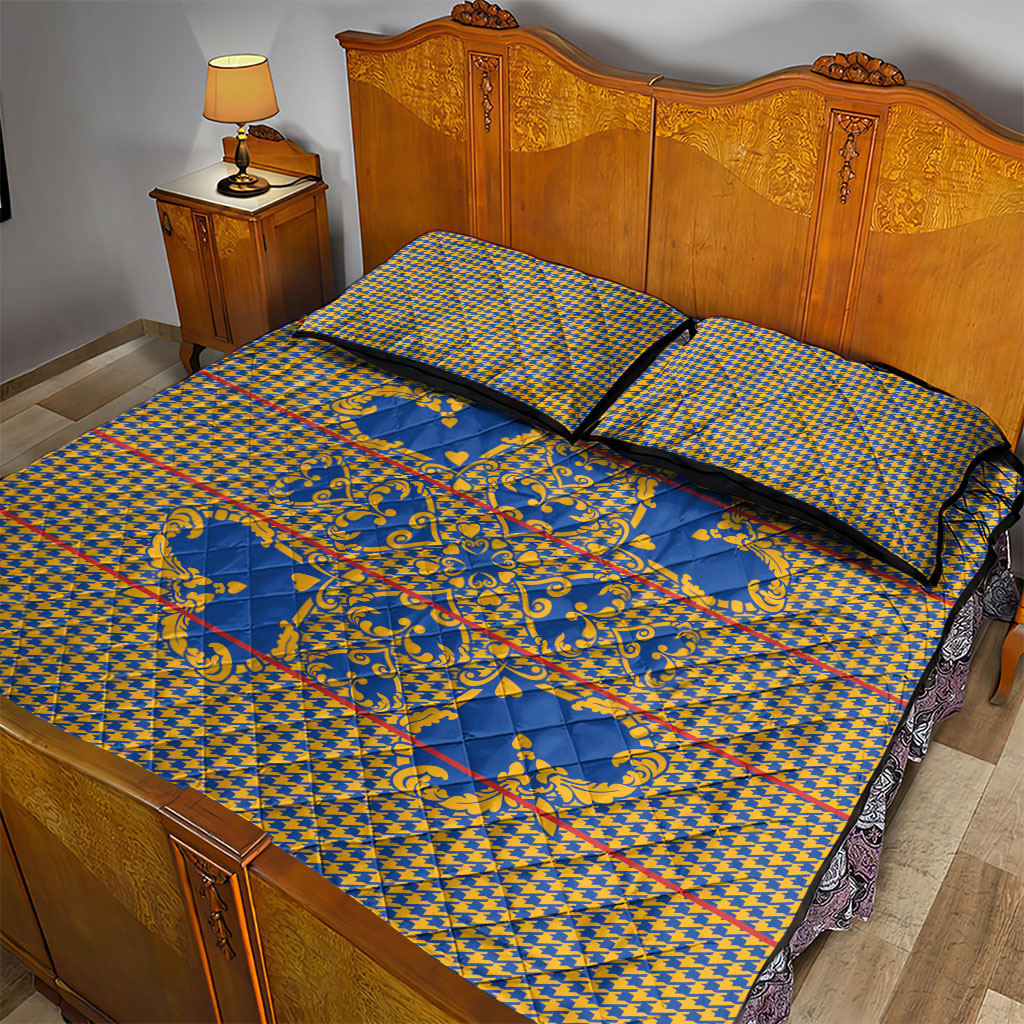 Cobalt Blue Hearts Crown Traditional Geometry Quilt Bed Set Seanamarena Basotho Blanket Inspired