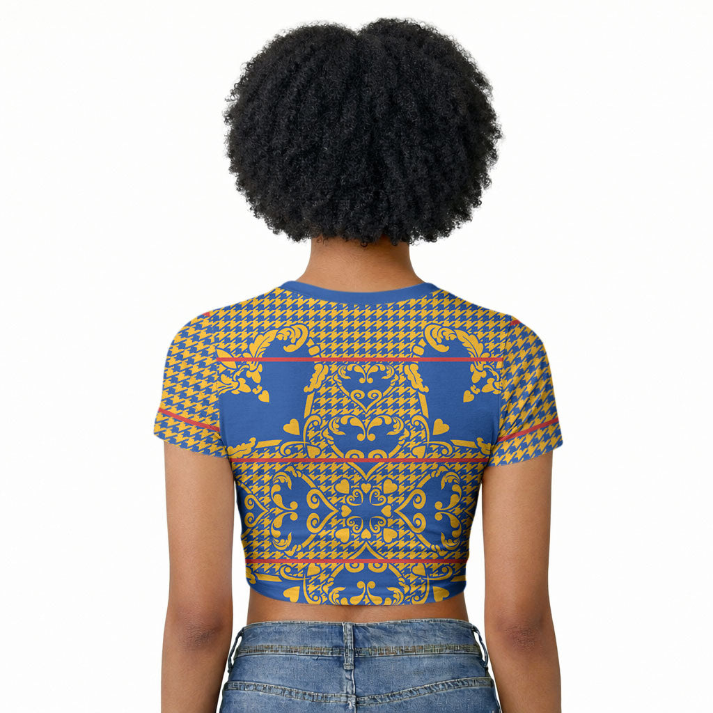 Cobalt Blue Hearts Crown Traditional Geometry Raglan Cropped T shirt Seanamarena Basotho Blanket Inspired