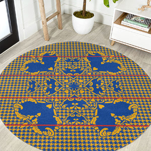 Cobalt Blue Hearts Crown Traditional Geometry Round Carpet Seanamarena Basotho Blanket Inspired