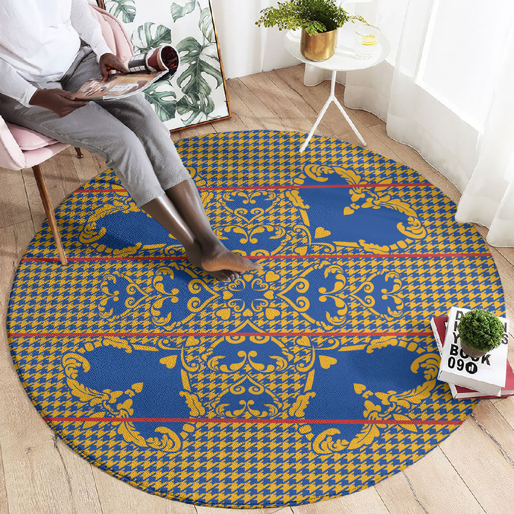 Cobalt Blue Hearts Crown Traditional Geometry Round Carpet Seanamarena Basotho Blanket Inspired