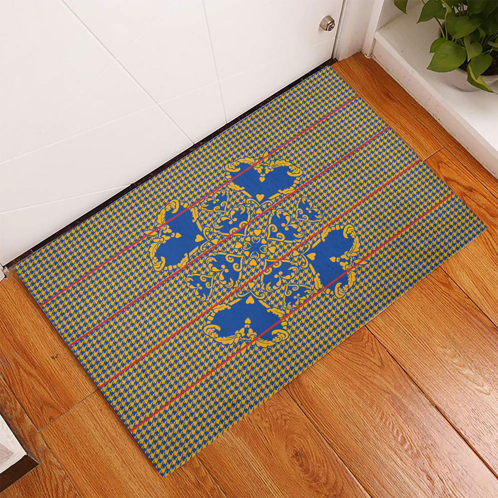 Cobalt Blue Hearts Crown Traditional Geometry Rubber Doormat Seanamarena Basotho Blanket Inspired