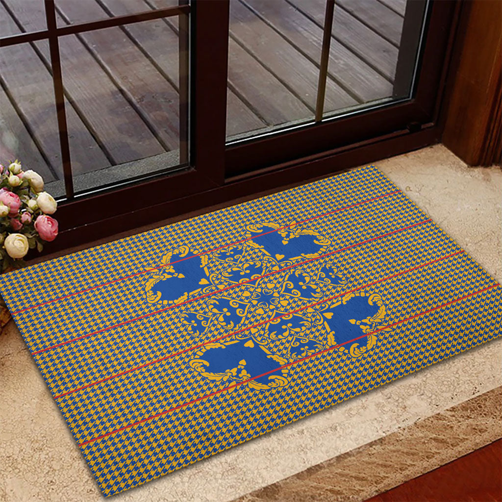Cobalt Blue Hearts Crown Traditional Geometry Rubber Doormat Seanamarena Basotho Blanket Inspired