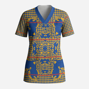 Cobalt Blue Hearts Crown Traditional Geometry Scrub Top Seanamarena Basotho Blanket Inspired