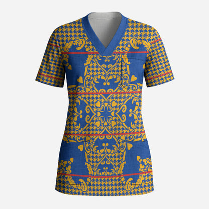 Cobalt Blue Hearts Crown Traditional Geometry Scrub Top Seanamarena Basotho Blanket Inspired