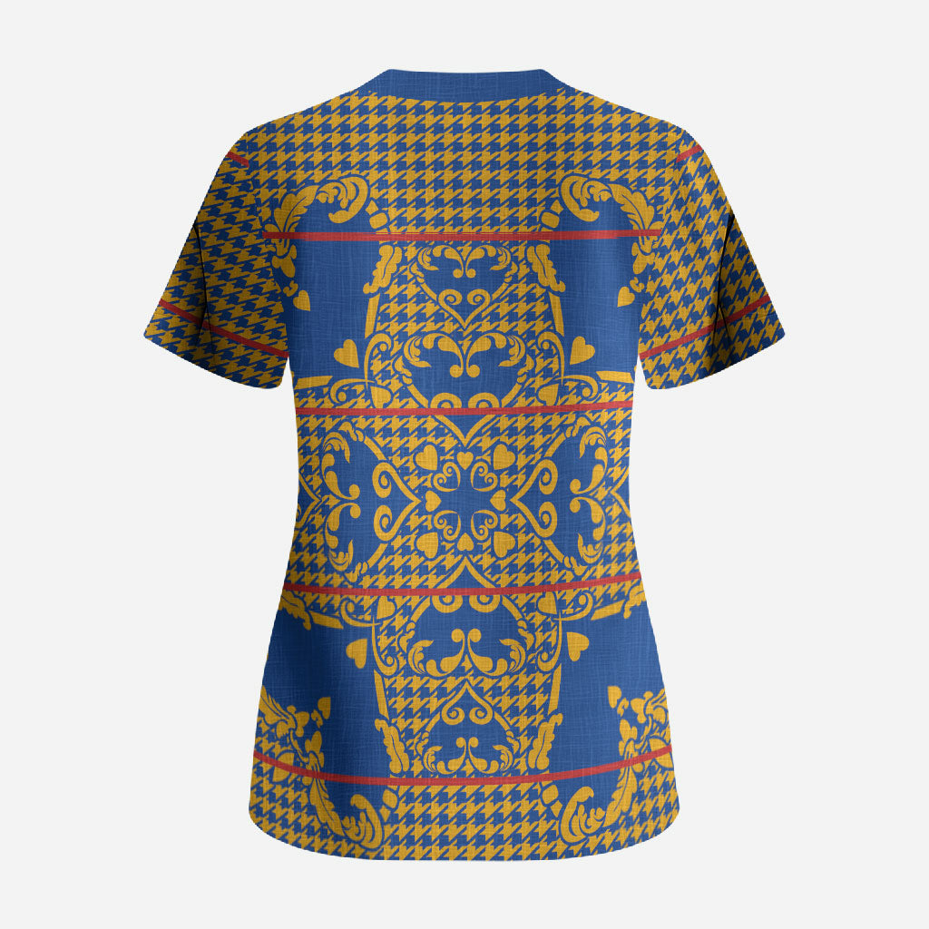 Cobalt Blue Hearts Crown Traditional Geometry Scrub Top Seanamarena Basotho Blanket Inspired