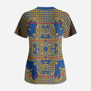 Cobalt Blue Hearts Crown Traditional Geometry Scrub Top Seanamarena Basotho Blanket Inspired
