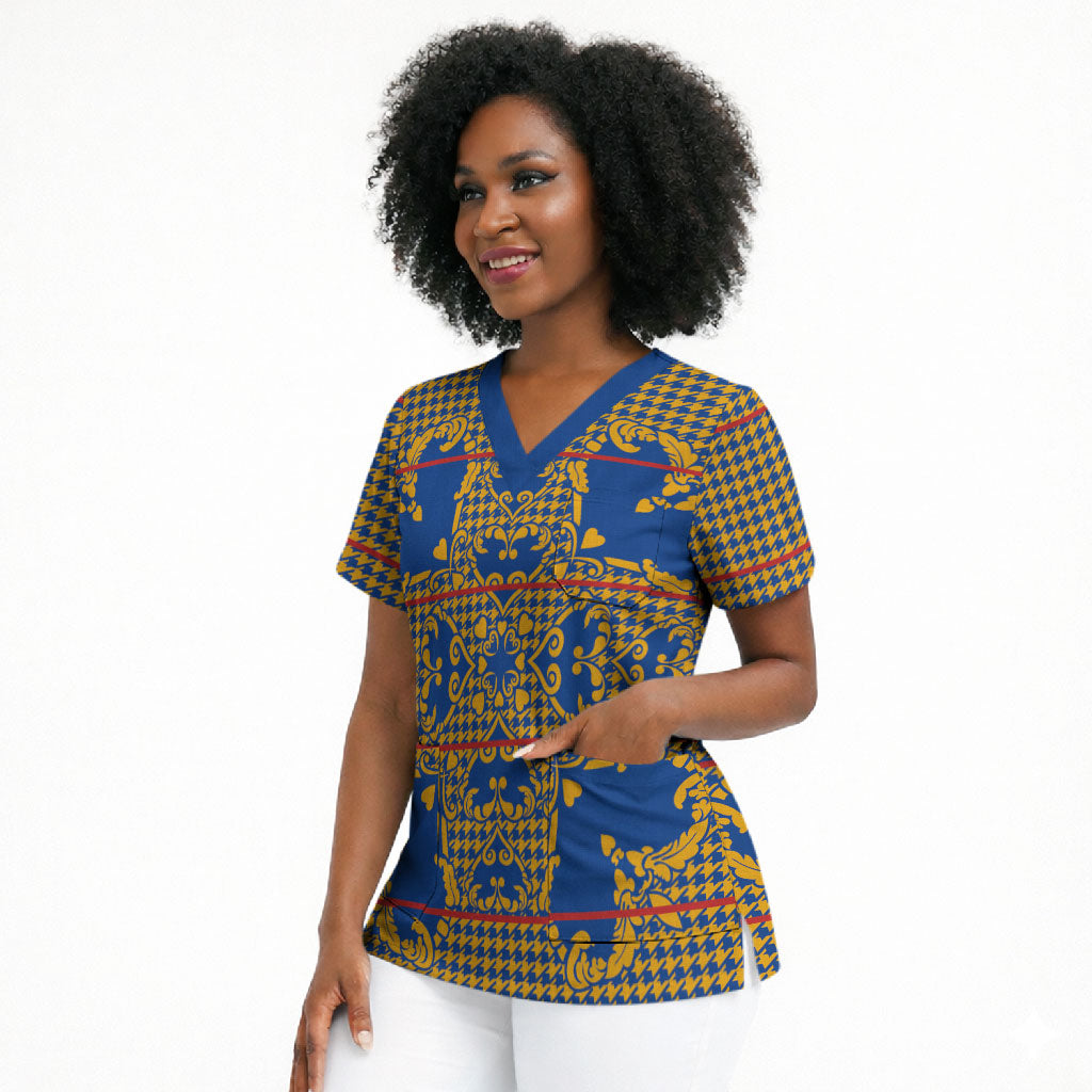 Cobalt Blue Hearts Crown Traditional Geometry Scrub Top Seanamarena Basotho Blanket Inspired