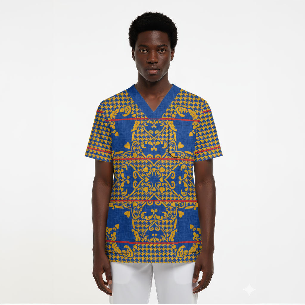 Cobalt Blue Hearts Crown Traditional Geometry Scrub Top Seanamarena Basotho Blanket Inspired