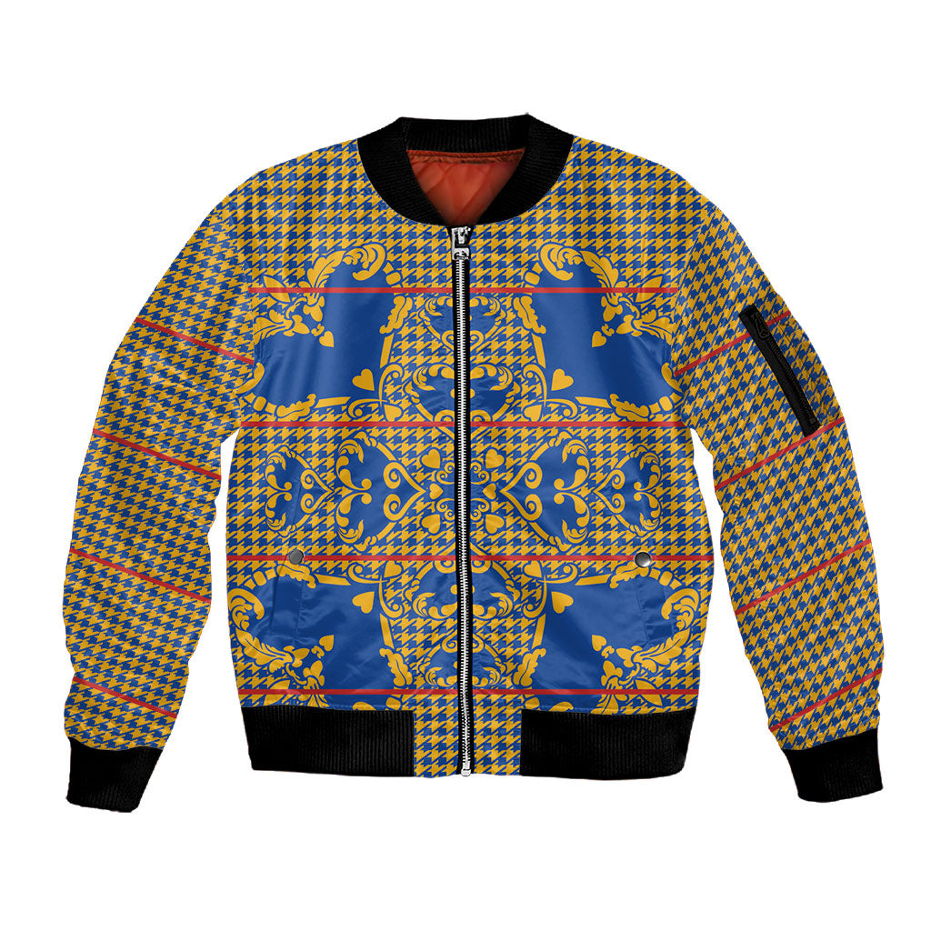 Cobalt Blue Hearts Crown Traditional Geometry Sleeve Zip Bomber Jacket Seanamarena Basotho Blanket Inspired