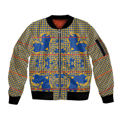 Cobalt Blue Hearts Crown Traditional Geometry Sleeve Zip Bomber Jacket Seanamarena Basotho Blanket Inspired