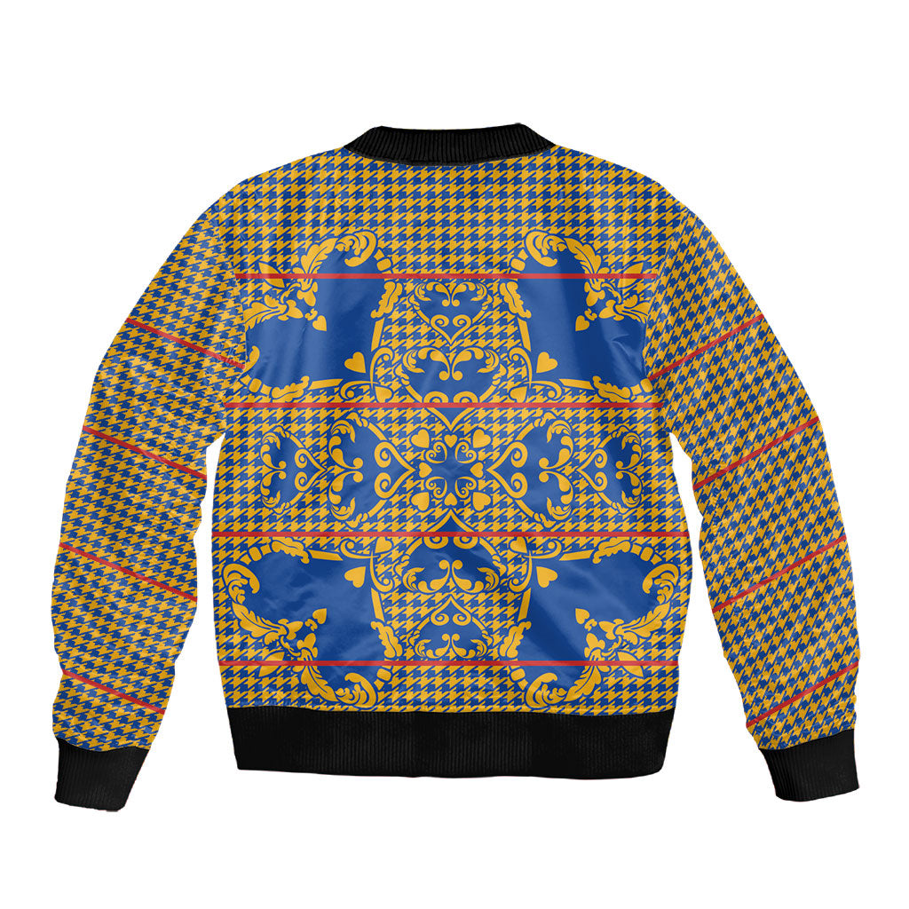 Cobalt Blue Hearts Crown Traditional Geometry Sleeve Zip Bomber Jacket Seanamarena Basotho Blanket Inspired