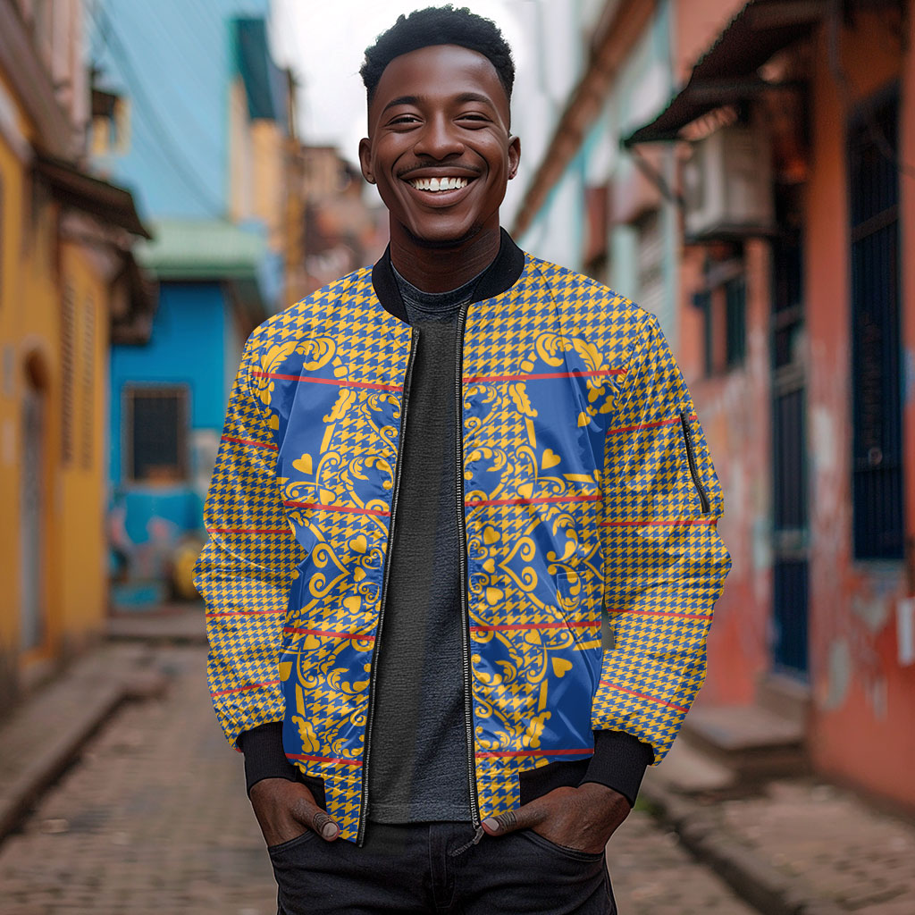 Cobalt Blue Hearts Crown Traditional Geometry Sleeve Zip Bomber Jacket Seanamarena Basotho Blanket Inspired