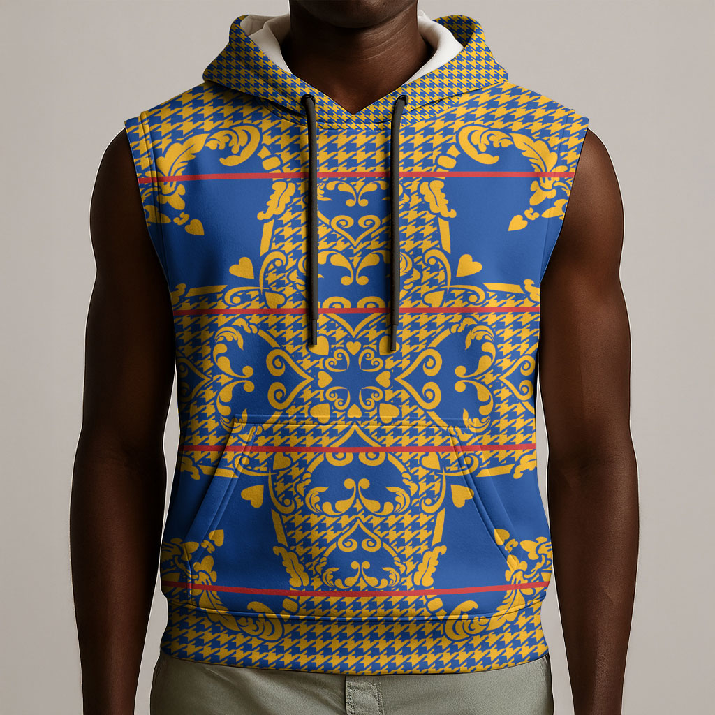 Cobalt Blue Hearts Crown Traditional Geometry Sleeveless Hoodie Seanamarena Basotho Blanket Inspired