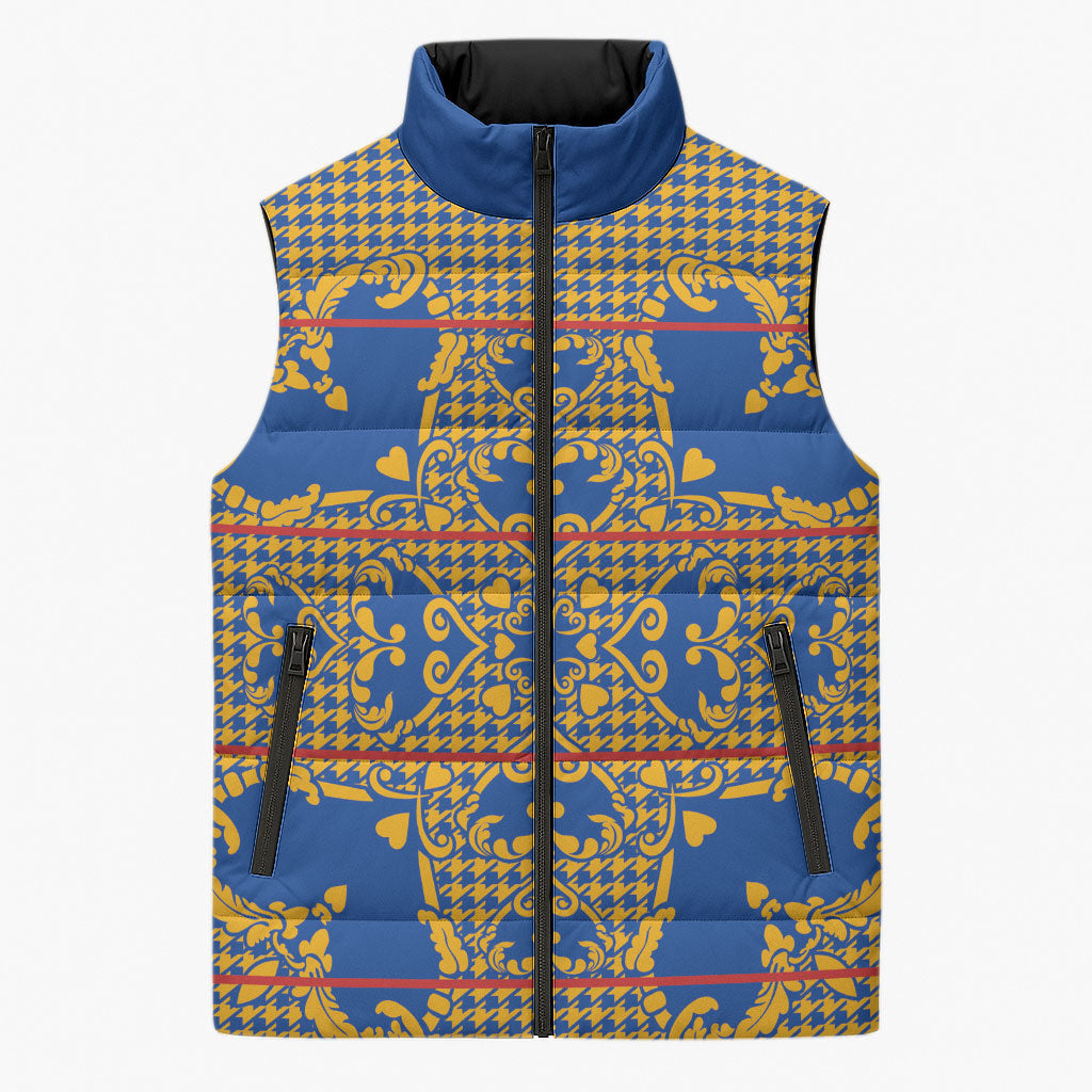 Cobalt Blue Hearts Crown Traditional Geometry Sleeveless Puffer Jacket Seanamarena Basotho Blanket Inspired