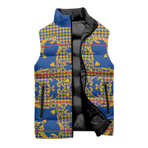 Cobalt Blue Hearts Crown Traditional Geometry Sleeveless Puffer Jacket Seanamarena Basotho Blanket Inspired