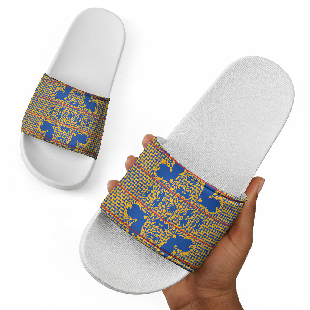 Cobalt Blue Hearts Crown Traditional Geometry Slide Sandals Seanamarena Basotho Blanket Inspired