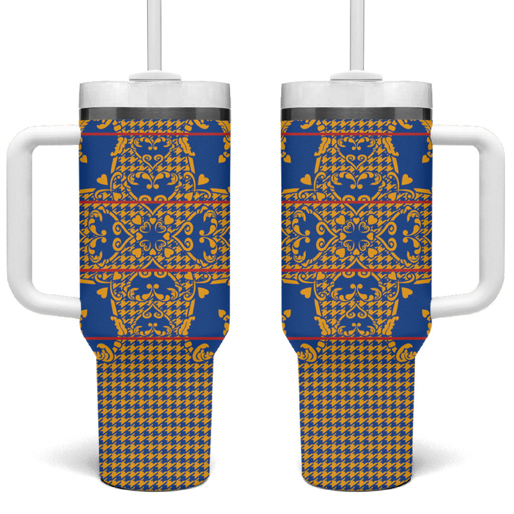 Cobalt Blue Hearts Crown Traditional Geometry Tumbler With Handle Seanamarena Basotho Blanket Inspired
