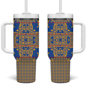 Cobalt Blue Hearts Crown Traditional Geometry Tumbler With Handle Seanamarena Basotho Blanket Inspired