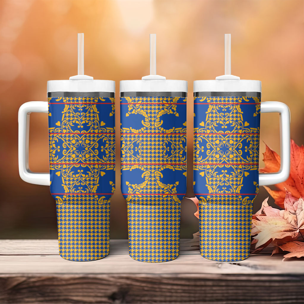Cobalt Blue Hearts Crown Traditional Geometry Tumbler With Handle Seanamarena Basotho Blanket Inspired